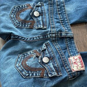 True Religion Classic Blue Jeans with Brown Stitching